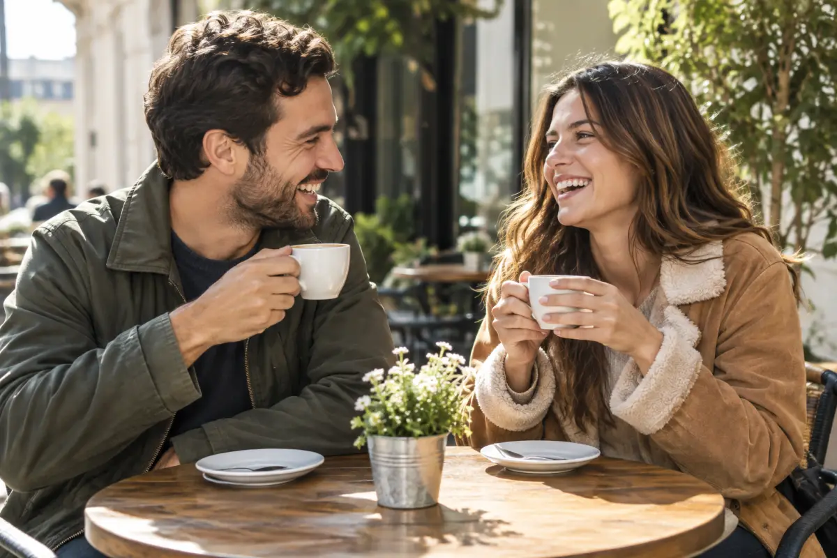 Two adults laughing together over coffee at a cafe table