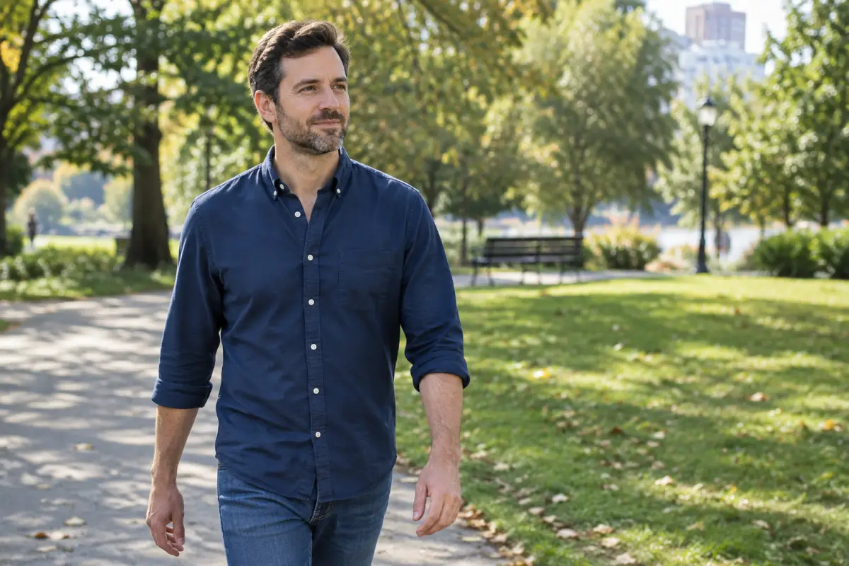 Man walking through a city park on a sunny afternoon