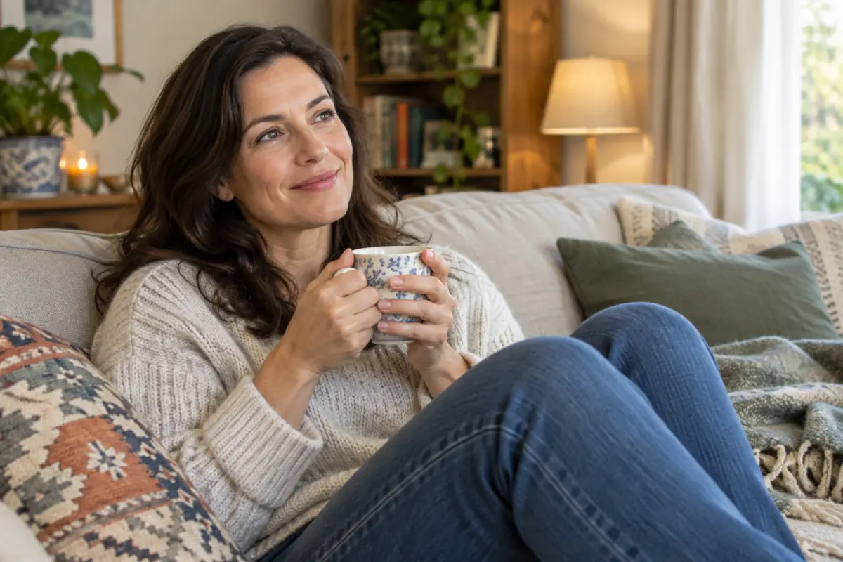 Woman relaxing at home with a cup of tea