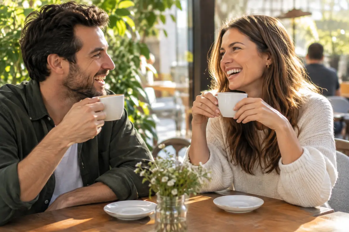 Two adults laughing together over coffee at a cafe