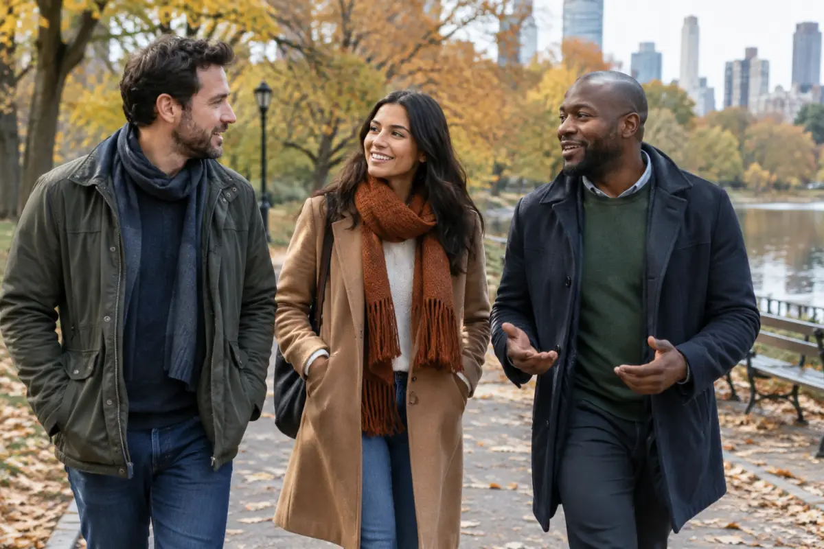 Three adults chatting while walking through a park
