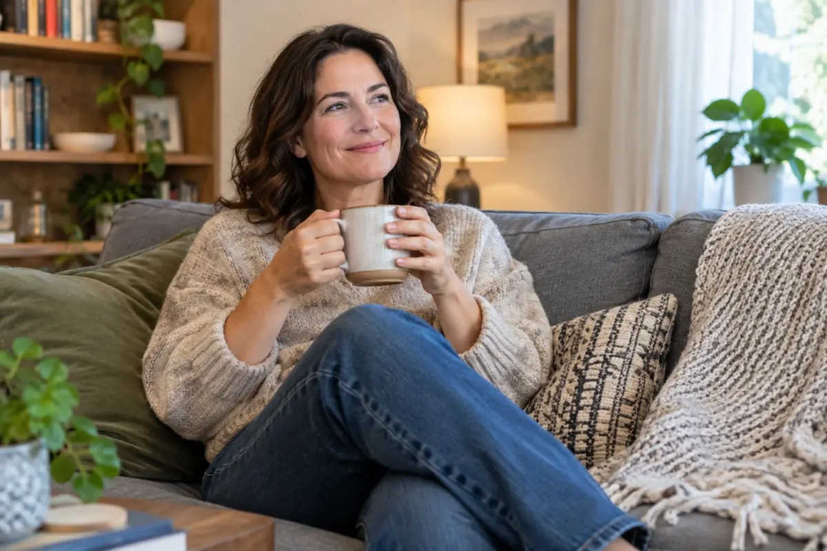 Adult relaxing at home with a warm drink