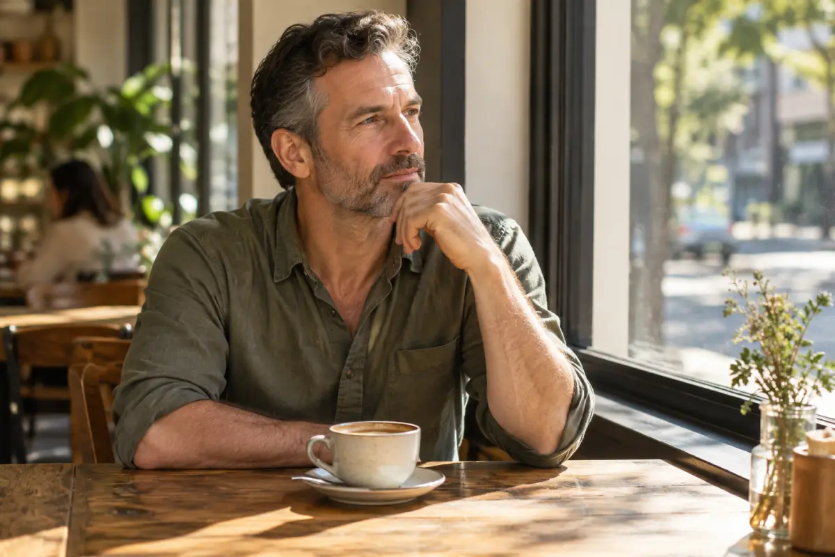 Middle-aged man thinking over a coffee at a sunlit cafe
