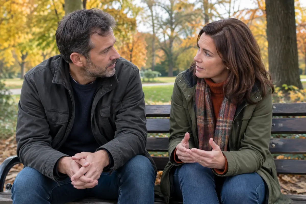 Couple in their 40s talking on a park bench