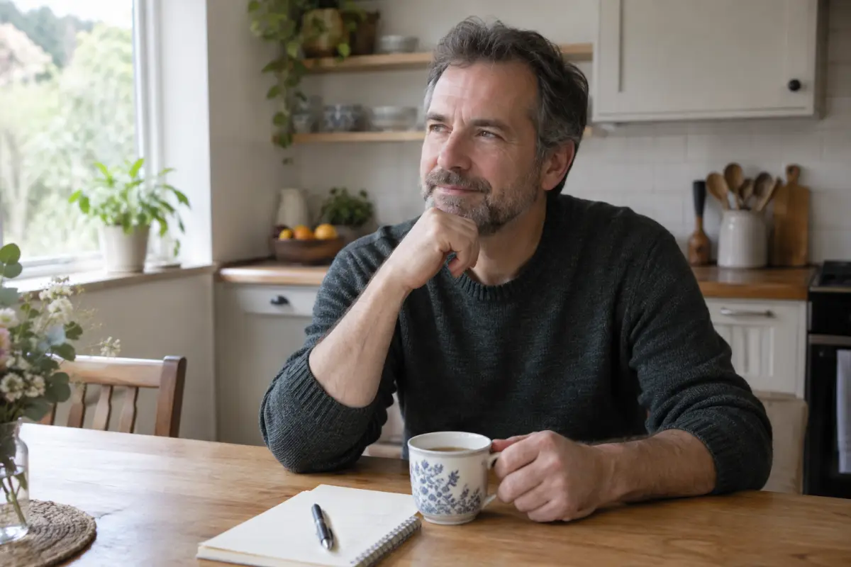 Man in his 50s reflecting at a kitchen table at home