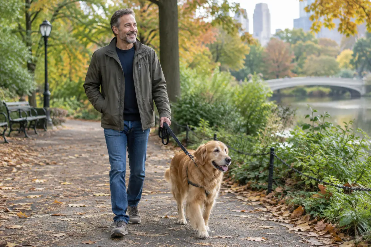 Man in his late 40s walking his dog through an autumn park