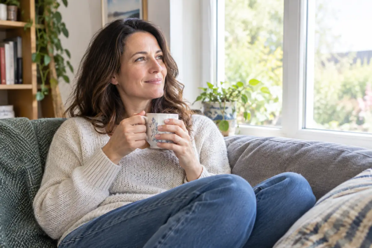Woman in her 40s relaxing at home with a cup of tea