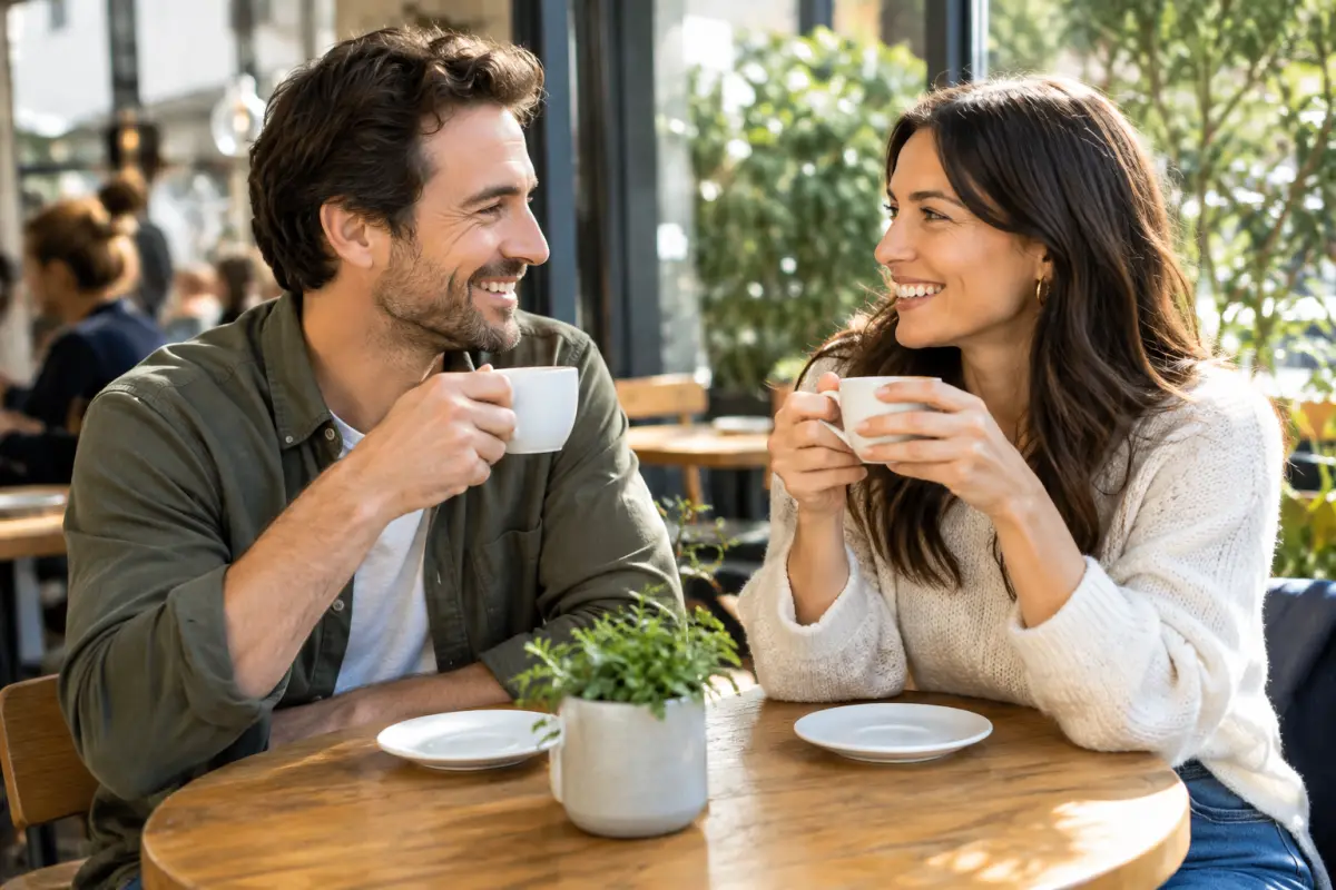 Two adults laughing over coffee at a sunny cafe table
