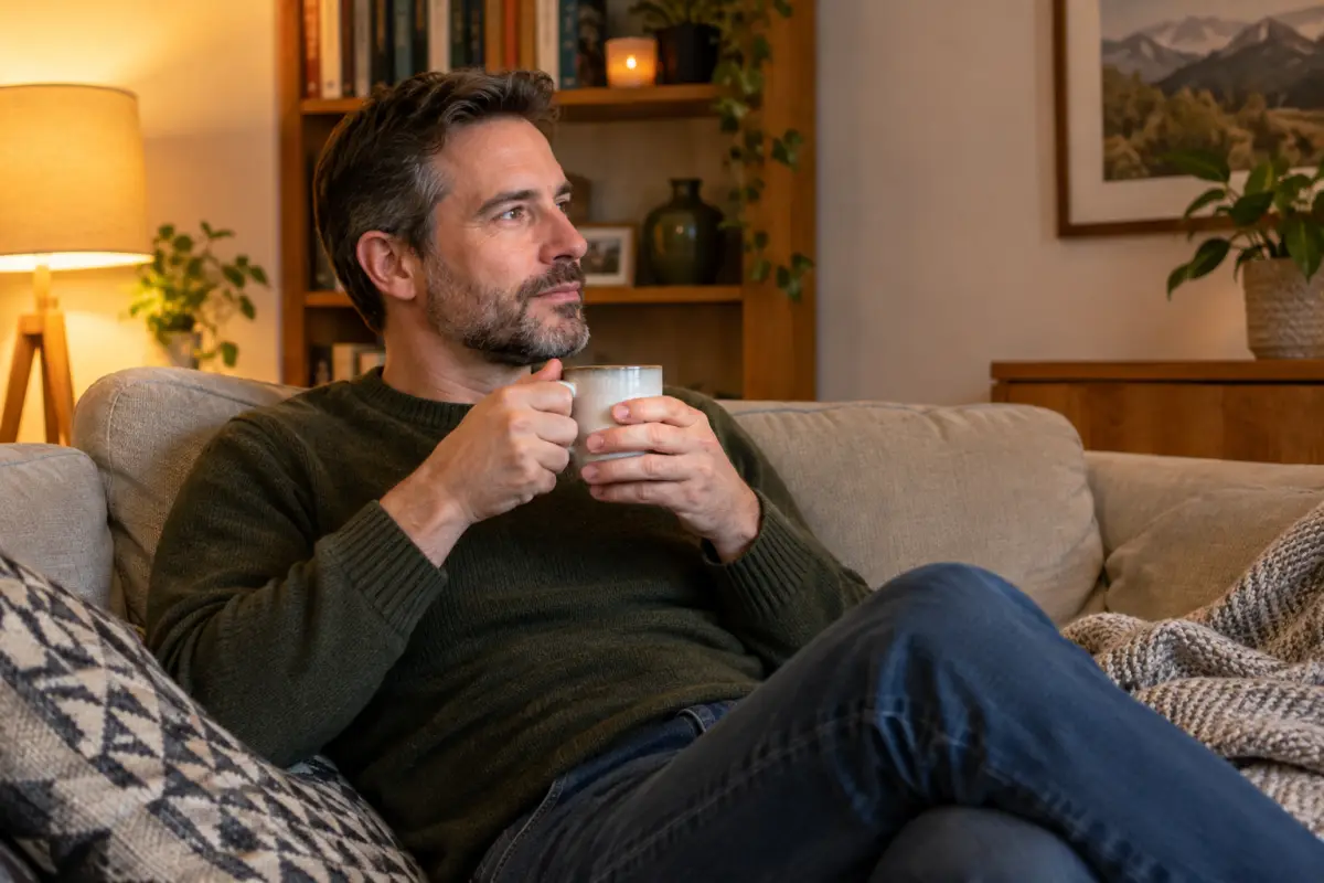 Man relaxing at home with a cup of tea