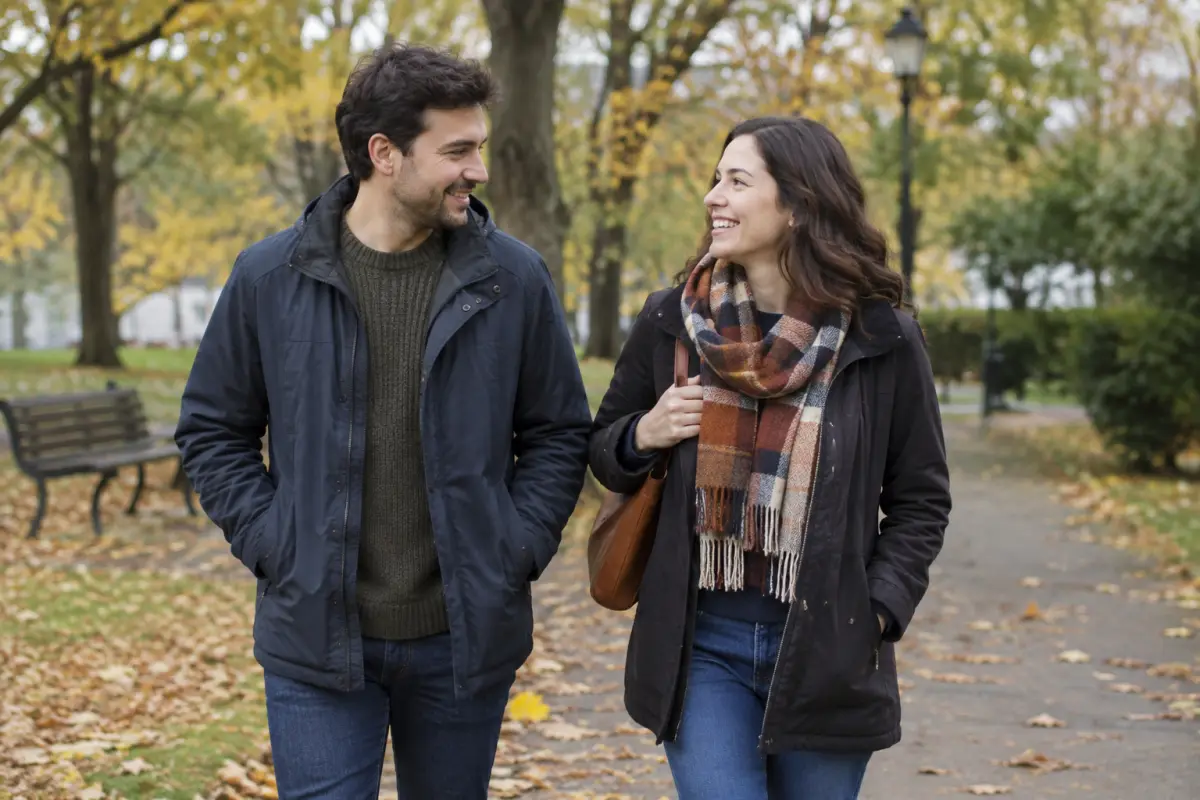 Two adults walking and talking in a city park