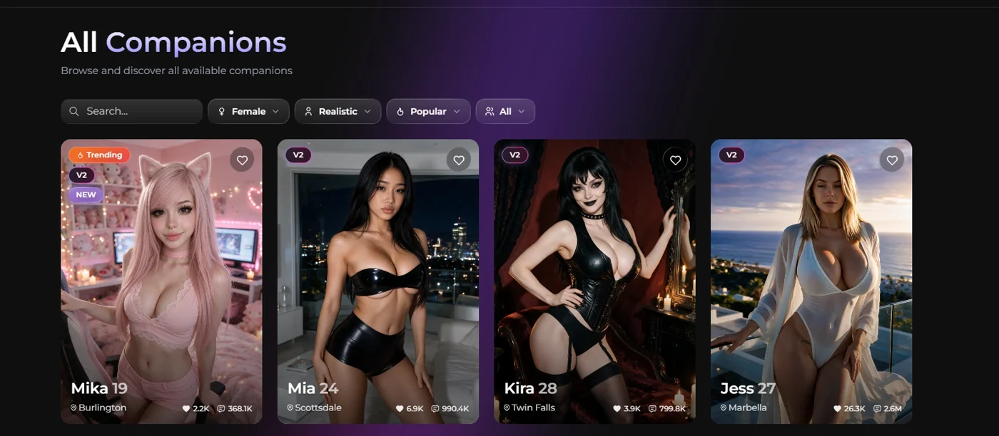 Secrets.ai All Companions browse grid with search and filter bar, showing companion cards including Mika, Mia, Kira, and Jess with their like and message counts