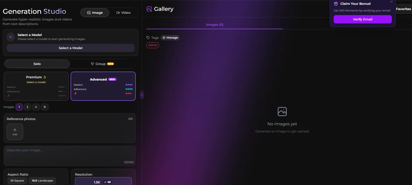 Secrets.ai Generation Studio dashboard showing model selection, image count picker, prompt box, and the NSFW gallery tag