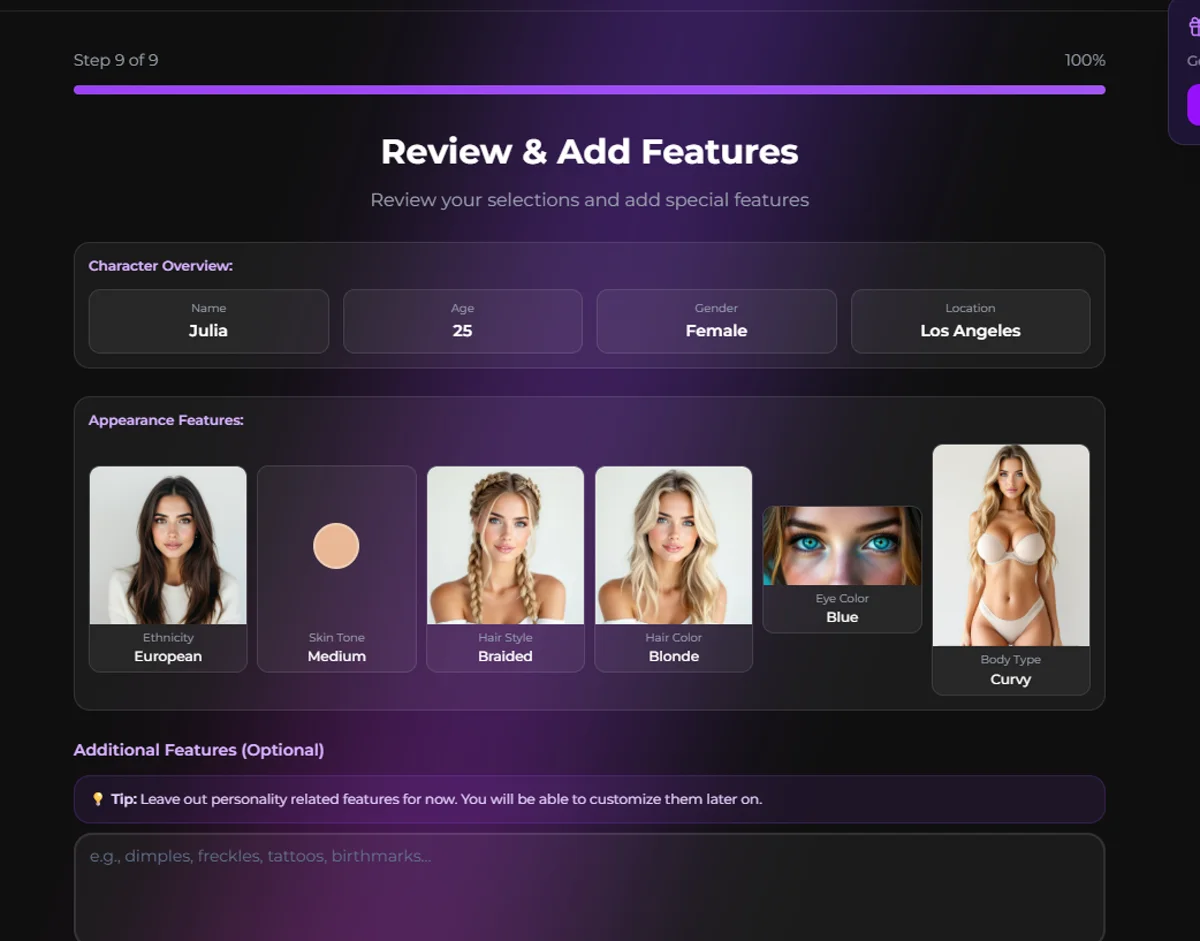 Secrets.ai custom AI girlfriend generator, step 9 of 9 review screen showing name, age, gender, location fields and the visual Appearance Features picker grid