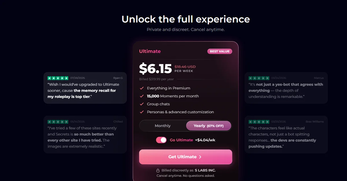 Secrets.ai Ultimate pricing card showing $6.15 per week billed yearly, the full feature checklist, and user review snippets